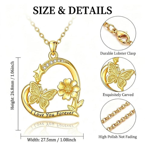 10K 14K 18K  Gold Cubic Zirconia Heart Shaped Bee Butterfly Dragonfly  Necklace Engraved with  I Love Your Forever