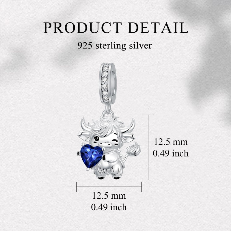 Sterling Silver 12 Month Birthstone Highland Cow Charm Beads