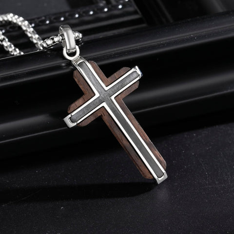 14K Gold Plated Wooden Abalone Shell Cross Pendant Necklacefor Men