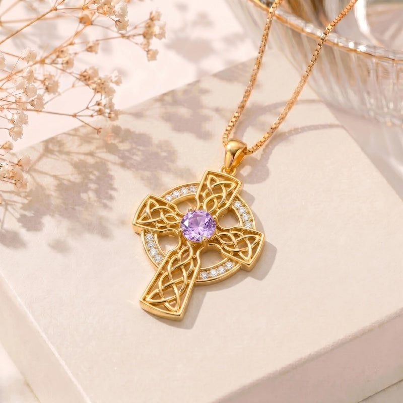 14K Gold Plated Birthstone Celtic Knotwork Cross Necklace for Women