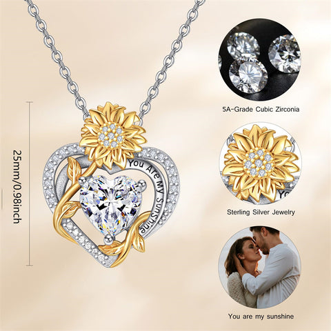 Sterling Sliver Birthstone Love Heart & Sunflower Pendant Necklace Engraved With You Are My Sunshine