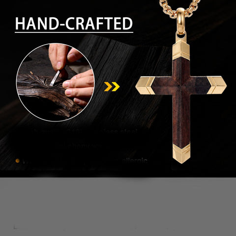 14K Gold  Plated Wooden Cross Crucifix Pendant Necklace for Men