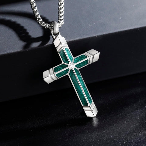 14K Gold Plated Turquoise Malachite Cross Necklace for Men Christianity Cross Jewelry