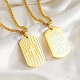 14K Gold Plated American Flag Dog Tag Cross Necklace for Men