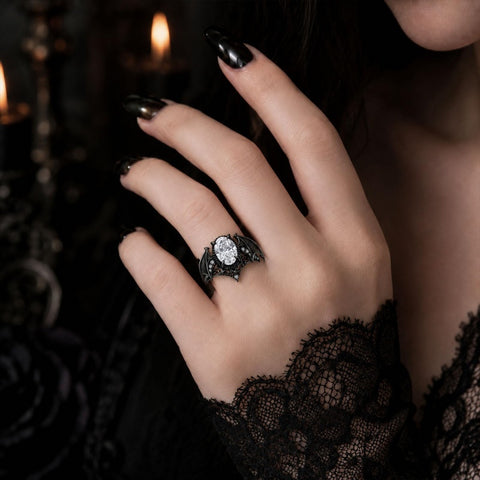 Sterling Silver 10K 14K 18K Gold Moissanite Gothic Black  Engagement Wedding Ring  for Women Halloween Gift