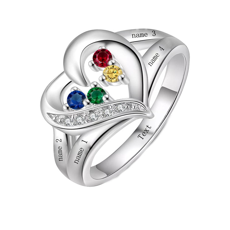 10K 14K 18K Gold Personalized 1-6 Stones Engraved Heart Mother Ring for Mother's Day