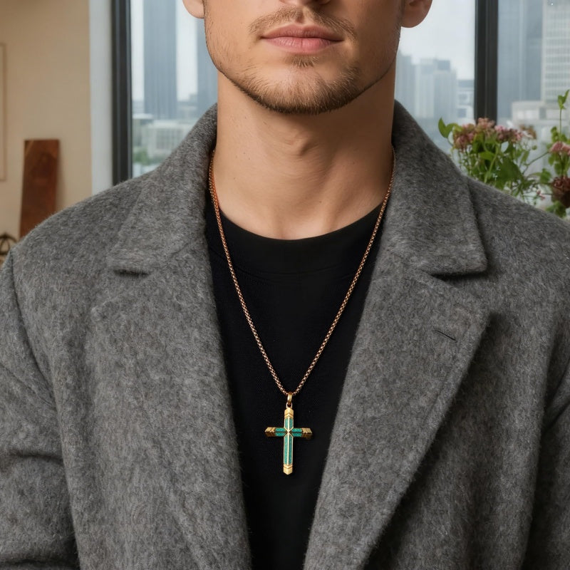 14K Gold Plated Turquoise Malachite Cross Necklace for Men Christianity Cross Jewelry
