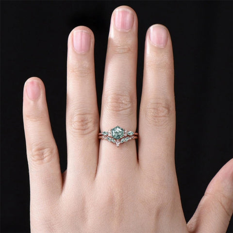 Sterling Silver 2CT Moss Agate  Engagement Wedding Ring Sets for Women