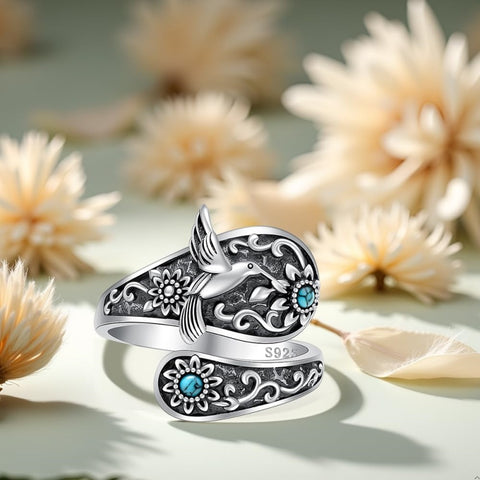 Sterling Silver Turquoise Hummingbird Butterfly Sunflower Adjustable Spoon Ring