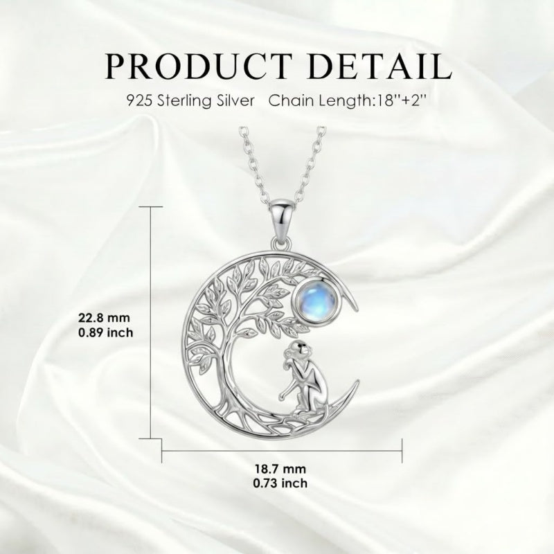 Sterling Silver Moonstone Tree of Life Wolf Cat Fox Rabbit Monkey Pendant Necklace Gift for  Birthday Christmas