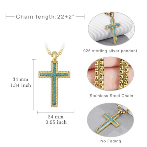 14K Gold Plated Turquoise Malachite Abalone Shell Cross Pendant Necklace for Men