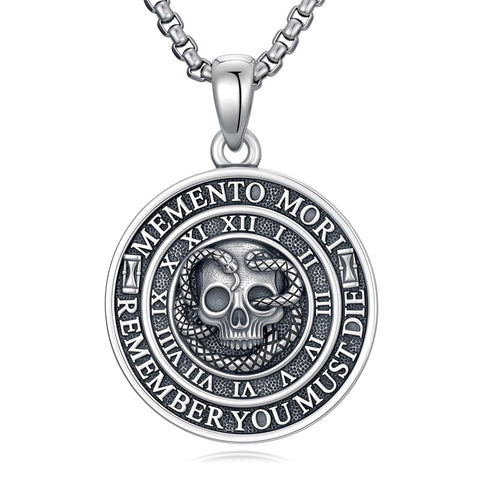Sterling Silver Memento Mori Gothic Skull Amulet Pendant Necklace for Men