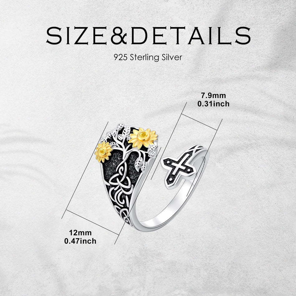 Sterling SilverJesus Cross Bee Cross  Dragonfly Cross Moonstone Sunflower Tree of Life Sunflower Adjustable Spoon Ring