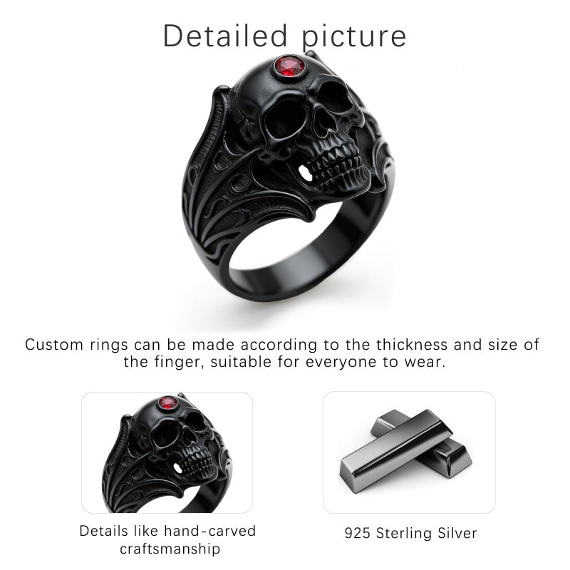 Sterling Silver 10K 14K 18K Gold 2-5CT Heart  Birthstone  Gothic Skeleton Halloween Skull Bat Ring