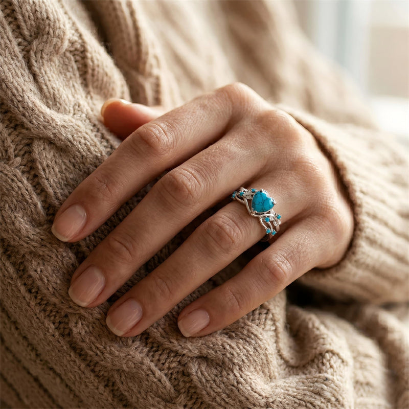 Sterling Silver Personalized Engraved 1-3CT Turquoise Engagement  Wedding Promise Ring Set for Her