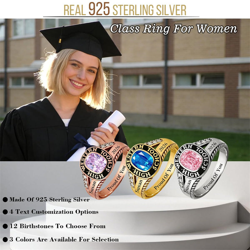 Sterling Silver Customizable Birthstone Engraved 2026 High School College Graduation Class Ring