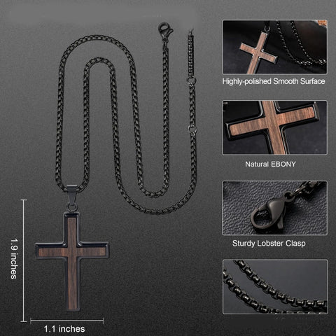 14K Gold Plated Wooden Cross Necklace for Men with Stainless Steel Adjustable Chain