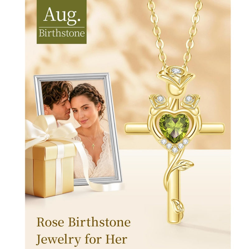 14K Gold Plated Birthstone Rose Cross Necklace for Women Faith Jewelry Gift