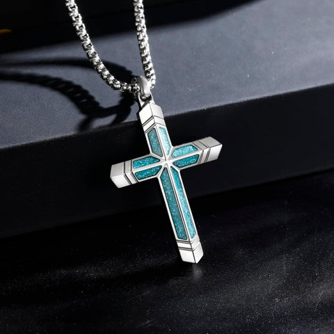 14K Gold Plated Turquoise Malachite Cross Necklace for Men Christianity Cross Jewelry