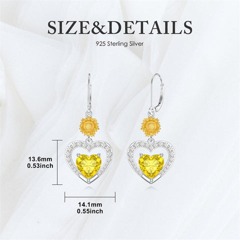 Sterling Silver Heart Cubic Zirconia Sunflower Rose Daisy Lily Lotus Hibiscus Dangle Earrings