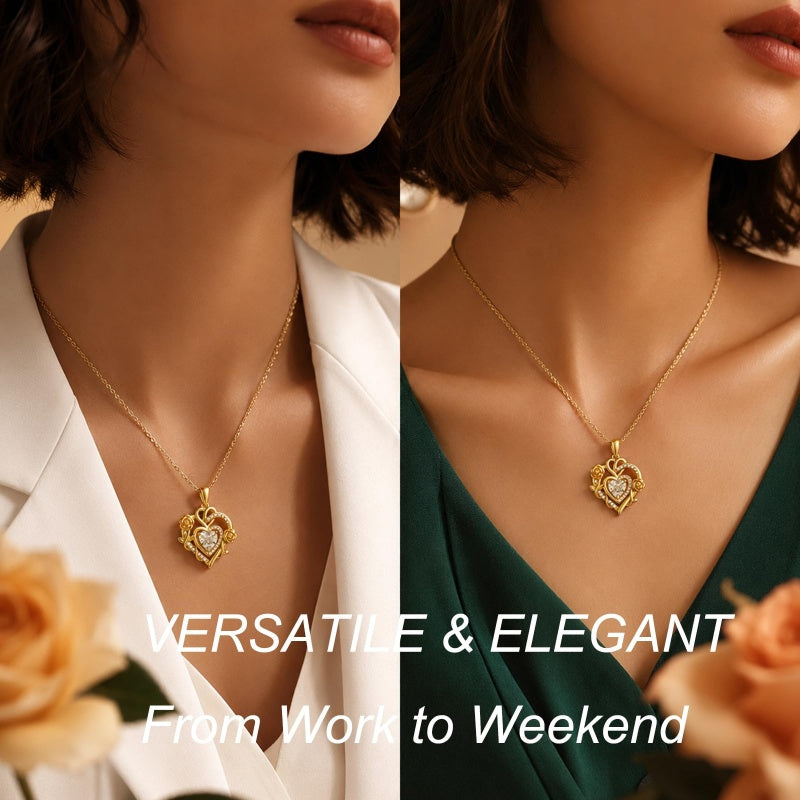 Heart Rose Pendant Necklace for Women  14K Gold Plated Mothers Day  Anniversary Birthday Gift