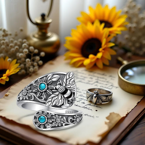 Sterling Silver Turquoise Hummingbird Butterfly Sunflower Adjustable Spoon Ring