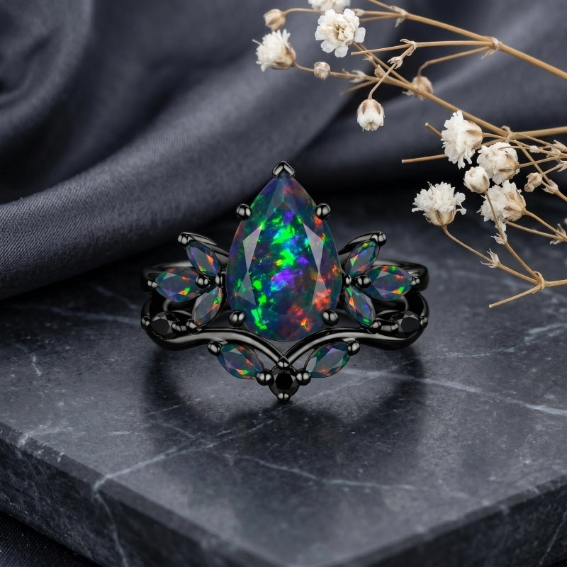 Sterling Silver 10K  14K  18K  Gold Personalized Engraved Black Opal Engagement Wedding Promise Ring for Her