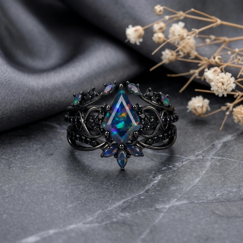 Sterling Silver 10K  14K  18K  Gold Personalized Engraved Black Opal Engagement Wedding Promise Ring for Her