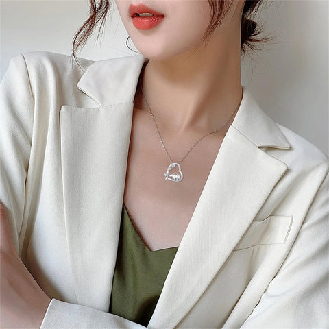 Sterling Silver Cubic Zircon Mother Daughter Mama Bear Giraffe Elephants Otters Penguins Heart Pendant Necklace