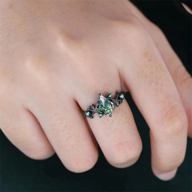 Sterling Silver 10K 14K 18K Gold Natural Leaf  Moss Agate Engagement Anniversary Couple Ring Sets
