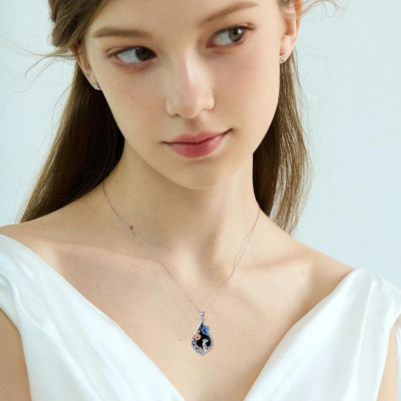 Sterling Silver Obsidian Bunny Cat Elephant Dog Fox Teardrop Pendant Necklace