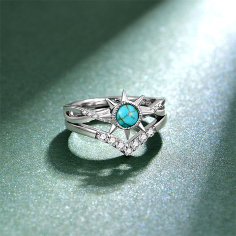 Sterling Silver Genuine Turquoise Engagement Wedding Ring Set for Women