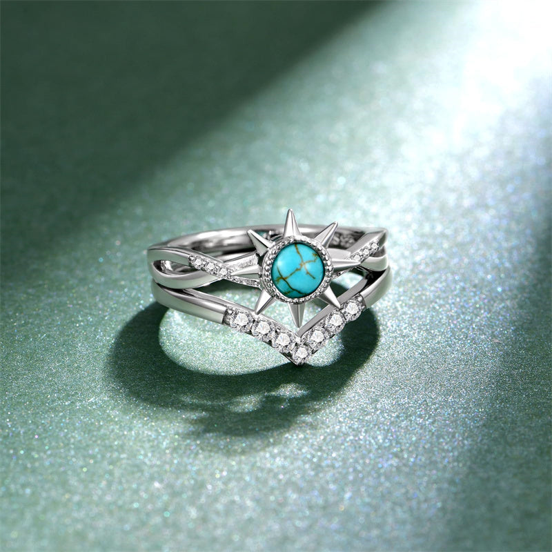 Sterling Silver Genuine Turquoise Engagement Wedding Ring Set for Women