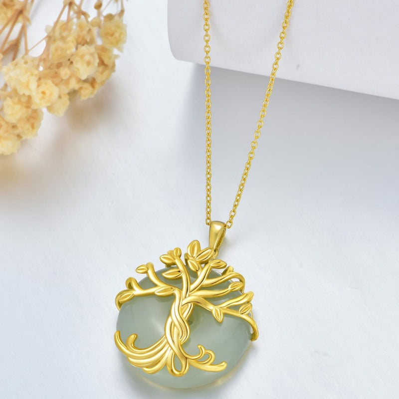 14k Gold Plated Sterling Silver Round Jade Tree of Life Necklace Good Fortune Jewelry for Women
