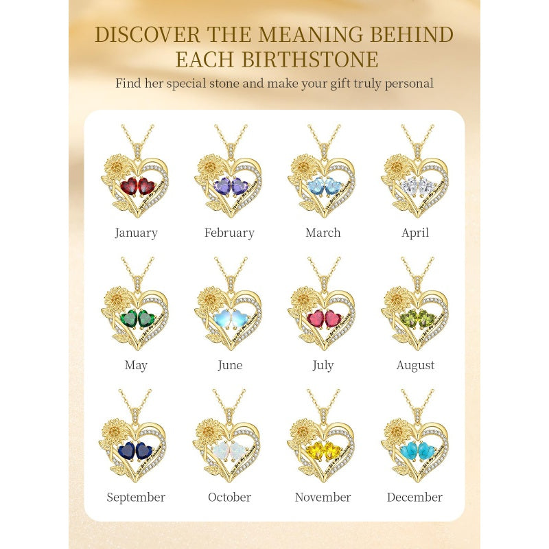14K Gold  Plated Double Birthstone Heart Sunflower Necklace for Women