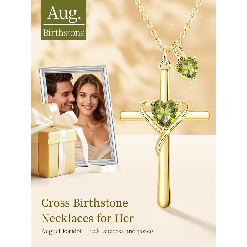 14K Gold Plated Birthstone Rose Cross Necklace for Women Faith Jewelry Gift