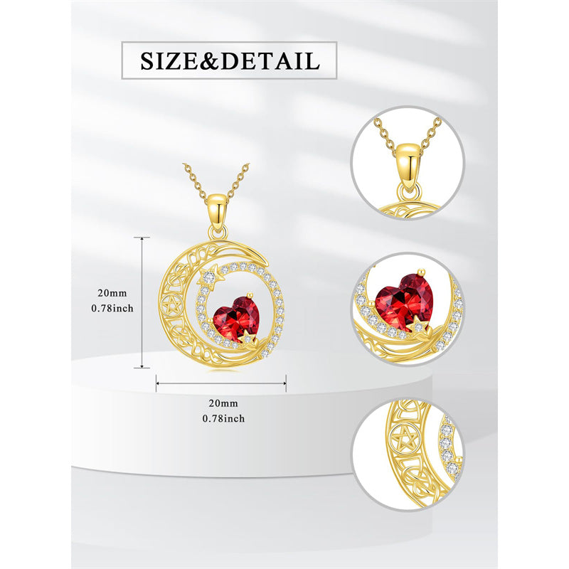 10K 14K 18K Gold Heart Birthstone Moon and Star Pendant  Necklace for Women