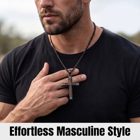 14K Gold  Plated Wooden Cross Crucifix Pendant Necklace for Men