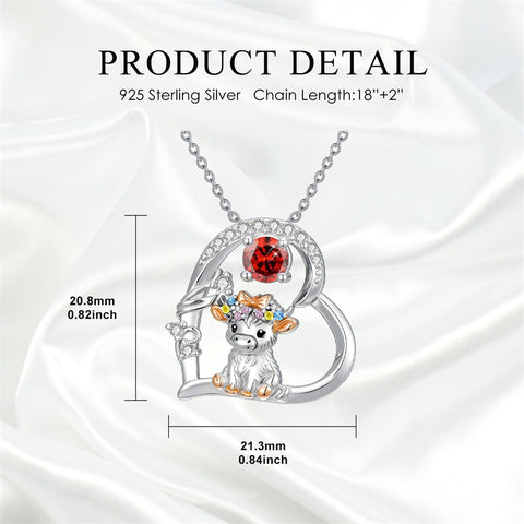 Sterling Silver Round Heart Birthstone Highland Cow Pendant Necklace Fluffy Cow Jewelry Gifts Birthday Christmas