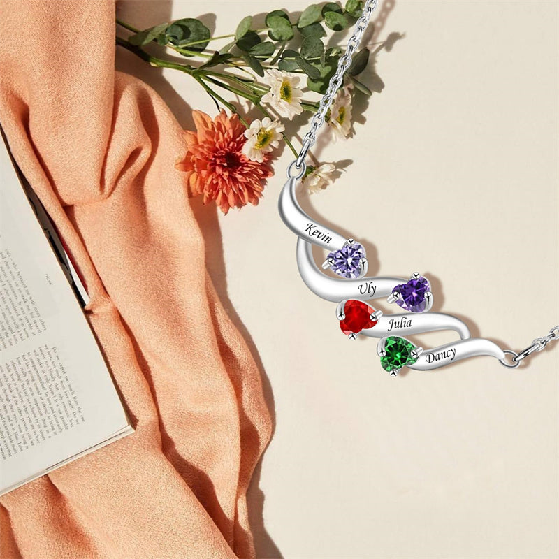 Sterling Silver Personalized Birthstone Name Wave Pendant Family Necklace