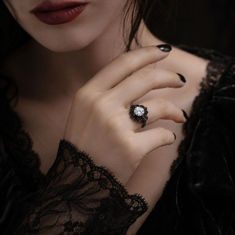 Sterling Silver 10K 14K 18K Gold Moissanite Gothic Black  Engagement Wedding Ring  for Women Halloween Gift