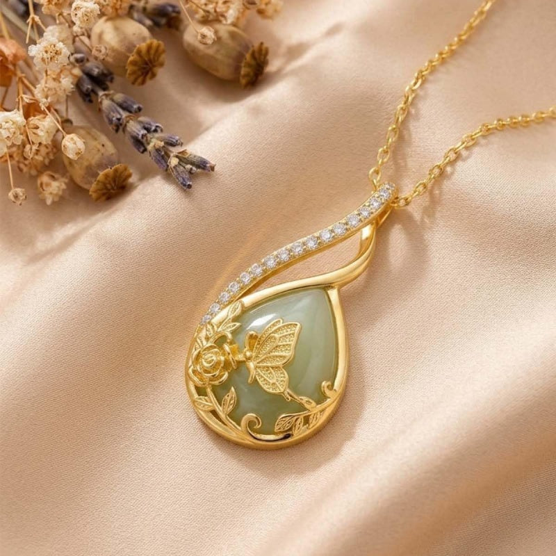 14K Gold Plated Jade Hummingbird Butterfly Dragonfly Turtle Animal Pendant Necklace