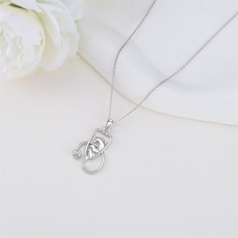 Sterling Silver Cubic Zirconia Animal Silhouette Stethoscope Pendant Necklace