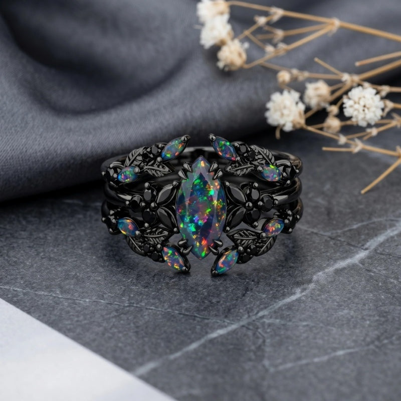 Sterling Silver 10K  14K  18K  Gold Personalized Engraved Black Opal Engagement Wedding Promise Ring for Her