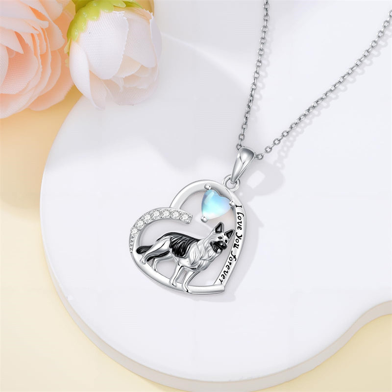 Sterling Silver Moonstone Pug Chihuahua Poodle German Shepherd Maltese Pendant Necklace Engraved wth I Love You Forever