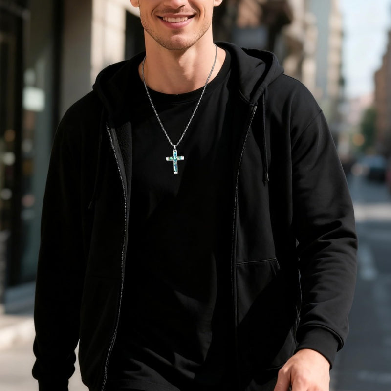 14K Gold Plated Wooden Abalone Shell Cross Pendant Necklacefor Men