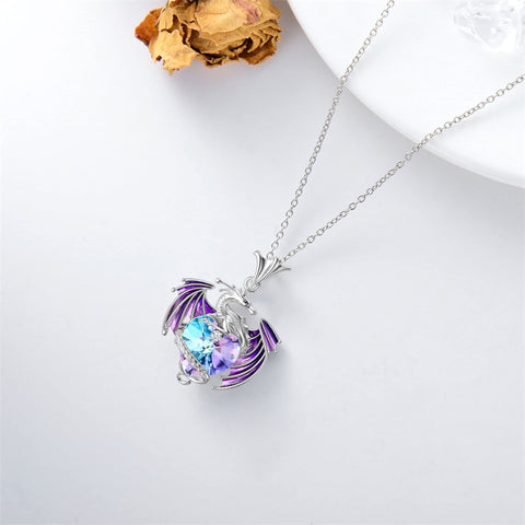 Sterling Silver Birthstone Heart Shaped Crystal Wyvern Pendant Necklace
