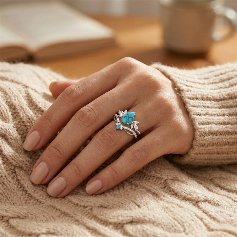 Sterling Silver Personalized Engraved 1-3CT Turquoise Engagement  Wedding Promise Ring Set for Her