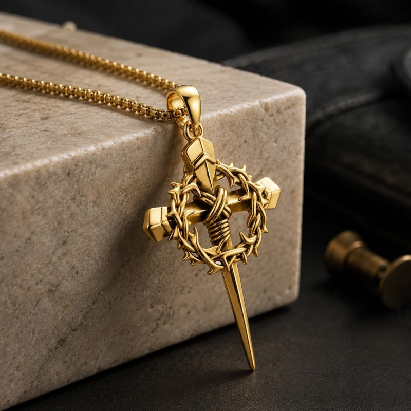 Crown of Thorns Religious Nail Cross Pendant Necklace