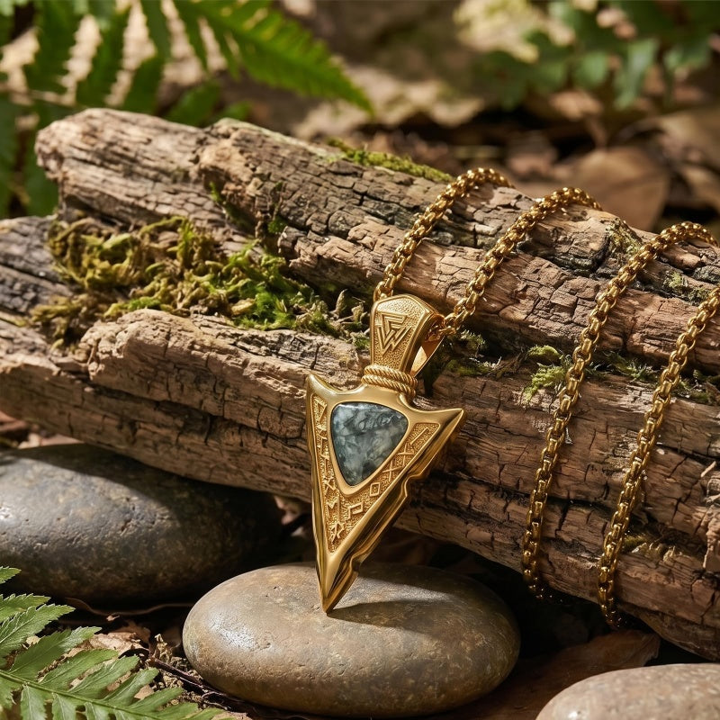 14K Gold Plated Moss Agate Turquoise Valknut Viking Arrow Head Pendant Necklace for Men
